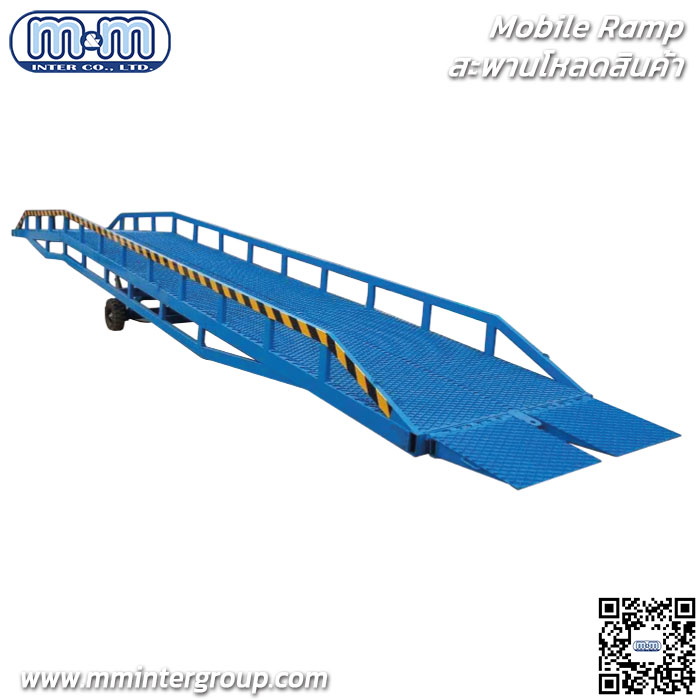 Mobile Ramp - สะพานโหลดสินค้า เคลื่อนที่ ใช้ในงานโหลดกลางแจ้ง โครงสร้างผลิตจากเหล็กเหนียวคุณภาพดี ล้อยางตัน ปรับขึ้นลงด้วยระบบไฟฟ้า